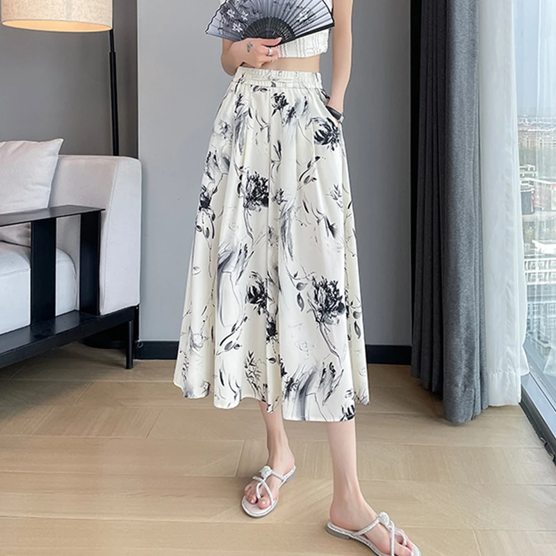 2025 Summer Ice Silk Beach Wide Leg Pants Women Bottoms Boho Printed Loose Calf-Length Pants