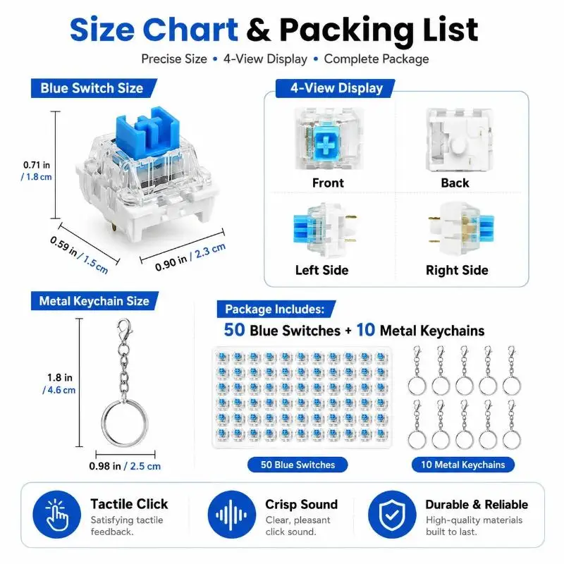 50 Stück blaue mechanische Tastaturschalter, 3-Pin MX-Style Clicky-Schalter mit 10 Schlüsselanhängern für 3D-gedruckte Fidgets – Detail 8
