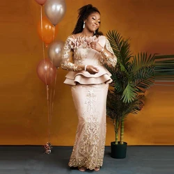 Long Sleeves Ruffles Peplum 3D Lace Appliques Mermaid Prom Dress Plus Size African Evening Dresses Mother Of The Bride Gowns
