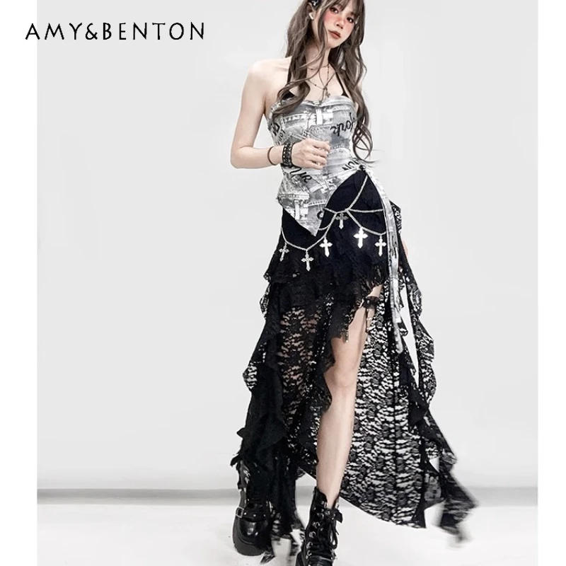 

Original Design Subculture Black Lace Hollow Out Women's Skirt 2025 Summer New Slit Irregular Ruffle Mid-Length Skirts Ladies