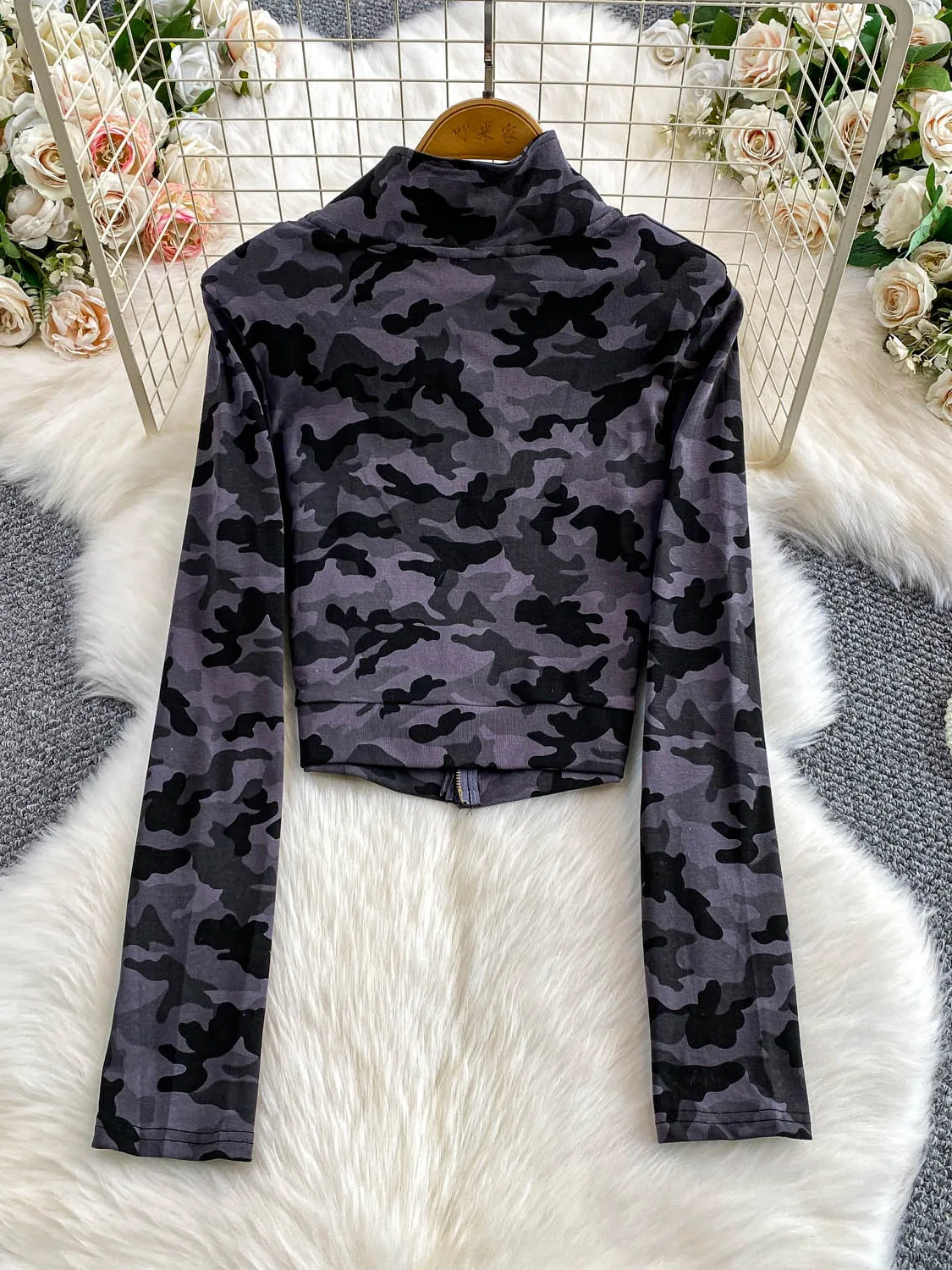 Damska kurtka w stylu retro z amerykańskim kamuflażem, jesienno-zimowa, codzienna, z podwójnym zamkiem błyskawicznym, o długości ort, chroniąca przed słońcem.