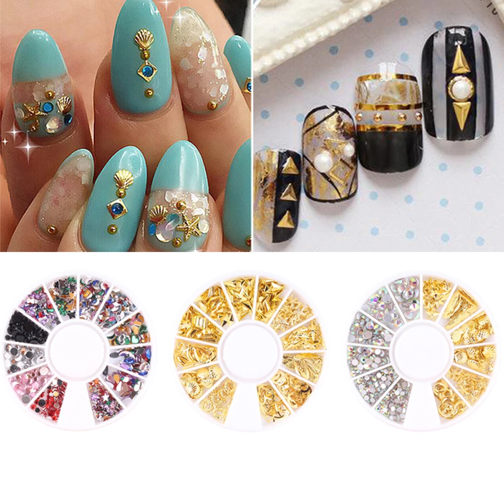 1 Disc 12 Styles 3D Mixed Design Nail Art Charms Metallic Silver/Gold Marine Life Shell Star Sea Studs Rhinestones Accessories