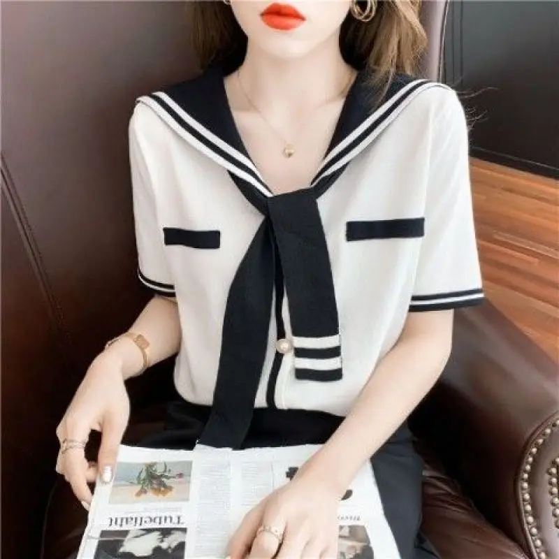 

Korean Commuter Women's New Summer Sailor Collar Contrast Color Spliced All-match Elegant Loose Half Sleeve Knitted T-shirt Tops