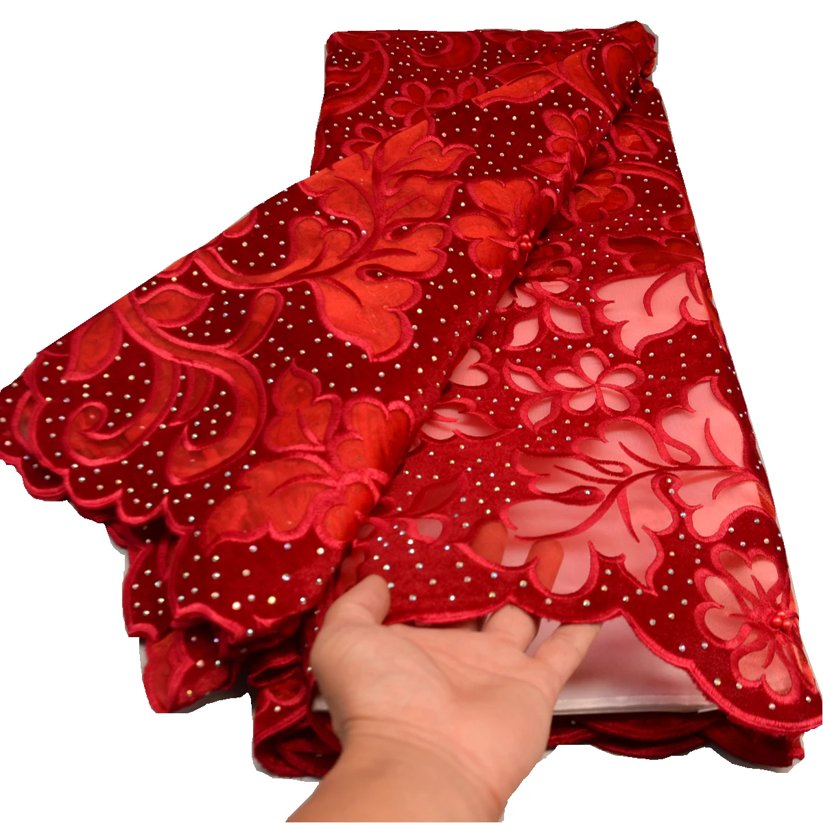 

Nigerian Red Velvet Lace Fabric with Stones, African Lace Fabric, Sew Wedding, Occasions Wear, High Quality 5 Yards , 943363,