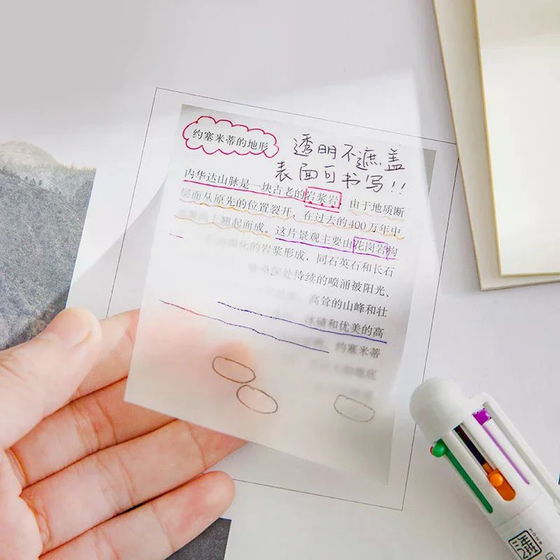 50 ورقة إبداعية PET ملاحظات لاصقة شفافة منظور مقاوم للماء ملاحظات لاصقة طالب القرطاسية اللوازم المكتبية المدرسية