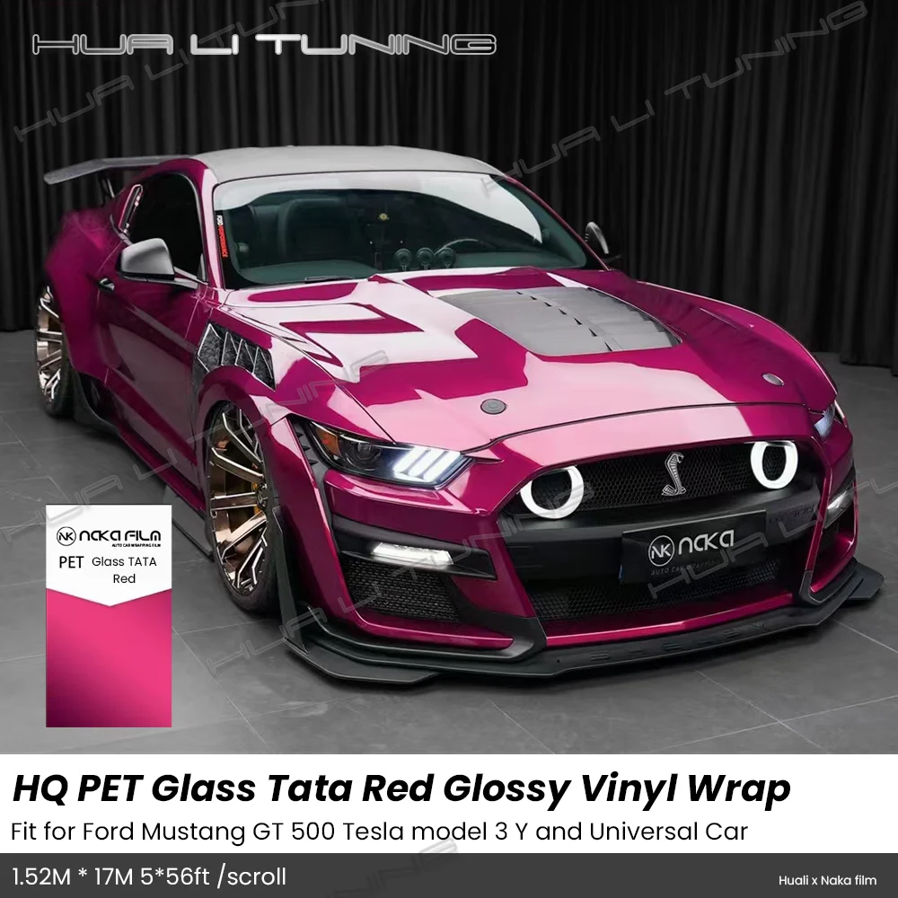 Glass Tata Red Glossy Vinyl Wrap For Ford Mustang GT500 Tesla etc. LowTack 1.52*17M/Roll 5x56ft Air Bubble Free PET Auto Film