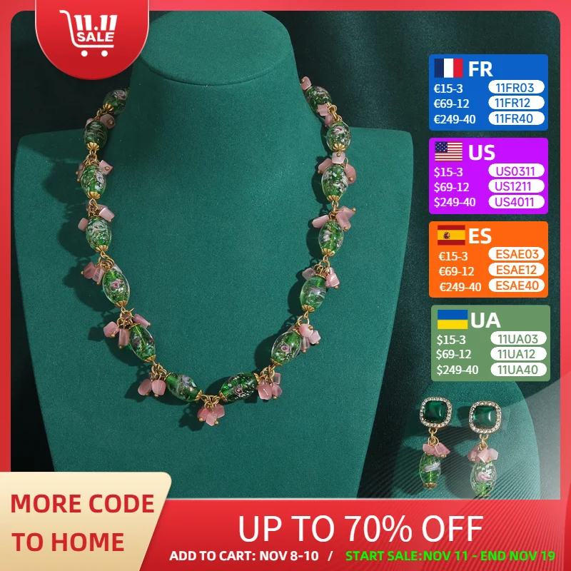 

Luxury Designer Crystal Green Jewelry Sets For Woman Pink Bowknot Glass Oval Stone Beads Sweet Accessories 2025 New In Gift
