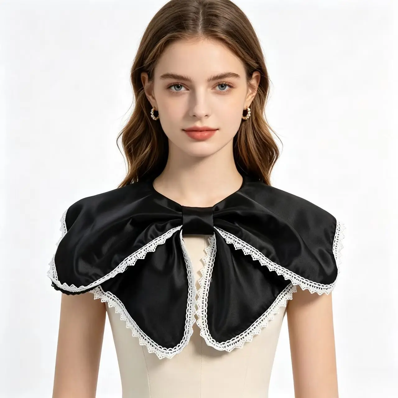 European Style Satin Lace Fake Collar, Hot Selling Large Bow Decorative Cape Collar for Women, Elegant Detachable Shawl Collar