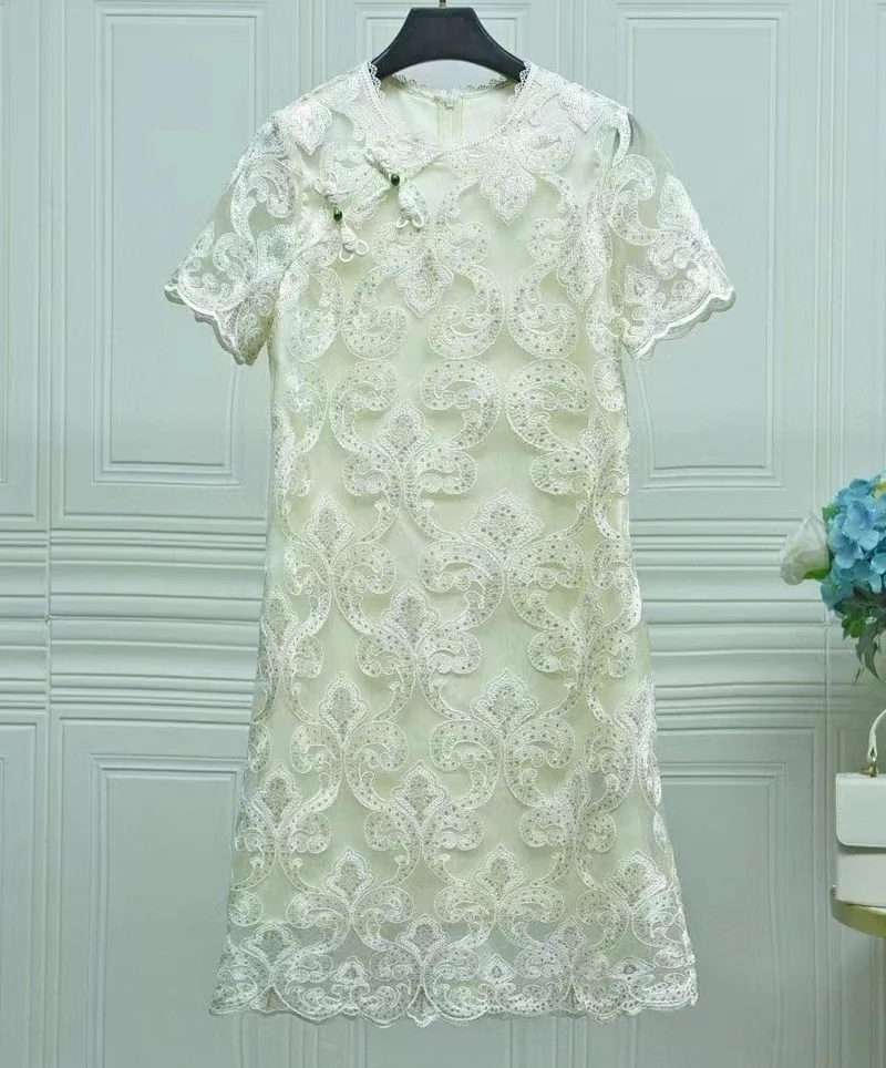 

Top Quality New Lace Dress 2023 Summer Party Events Women Luxurious Embroidery Sequin Deco Short Sleeve White Black Dress XXL