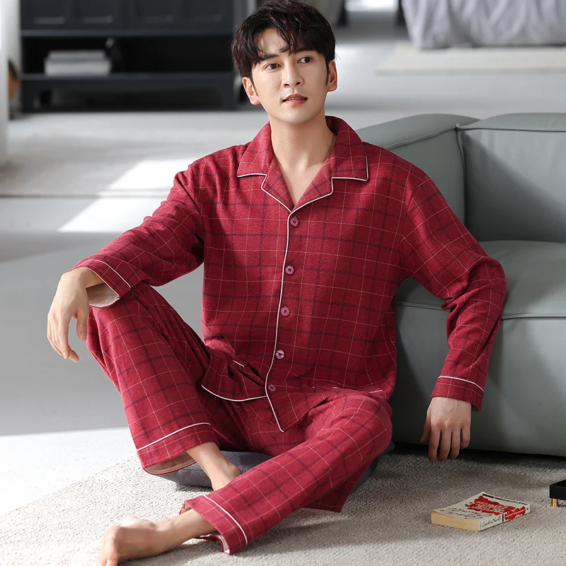 Men\'s Home Suits Long-sleeved Trousers Suits for Spring and Autumn Pijamas for Men Cotton Plaid Design Pajamas for Men