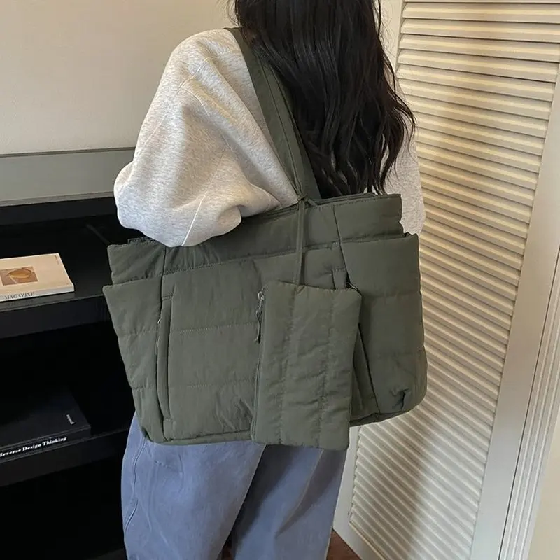 Women Pink Puffer Tote Bag With Detachable Mini Pouch Quilted Shoulder Purse Large Capacity Lightweight Daily Commuter Handbag view 3