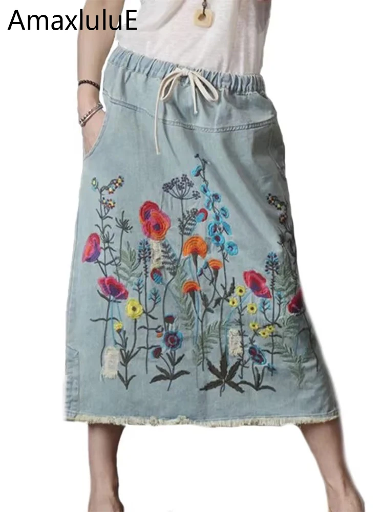 

Amax luluE 2024 Fall Womens Luxury Vintage Loose Embroidery Denim Skirts Ladies Casual Floral Streetwear Females Elegant Clothes