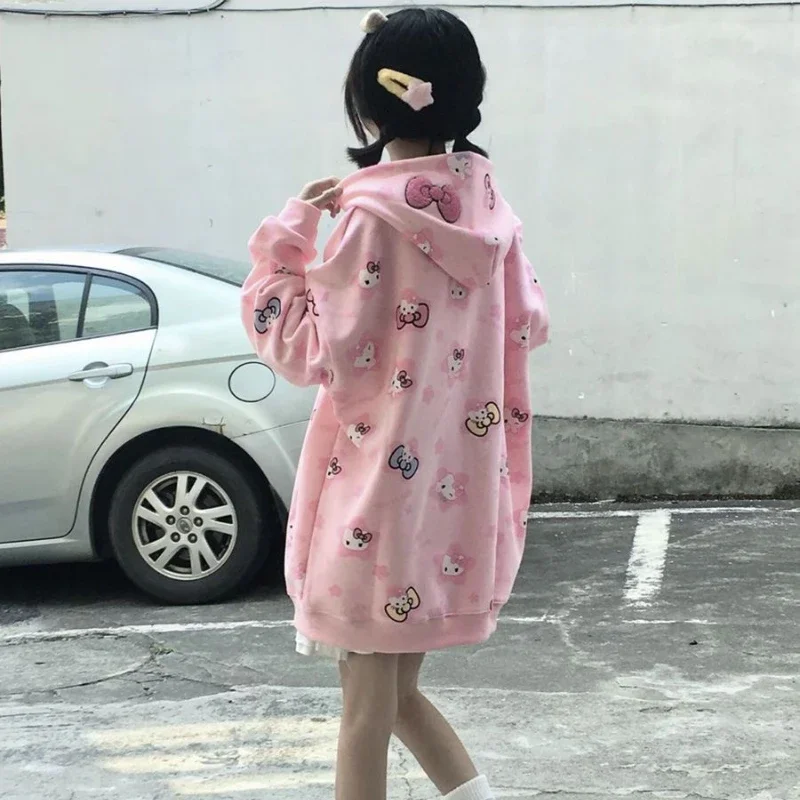 Sanrio Hello Kitty Sweatshirt Women Oversized Long Sleeve Hooded Hoodies Anime Y2k Casual Warm Jacket Coats Streetwear Hoodie