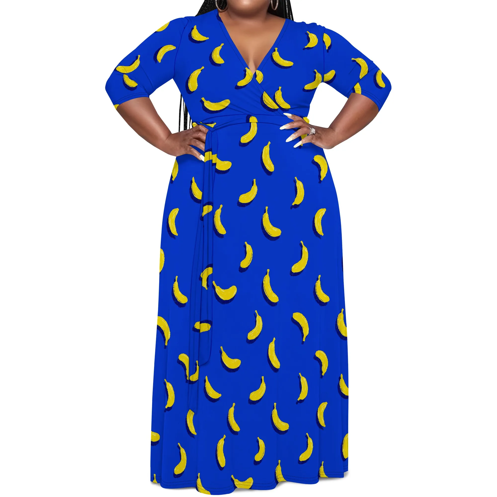 Plus-Size-Kleider für Damen, Blumen-Maxikleid, fließende 3/4-Ärmel mit Gürtel