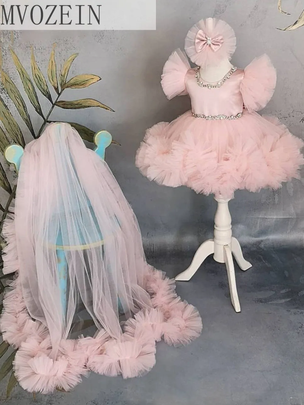 Vestido de bebé con tren para niña, vestido de princesa hinchado rosa, vestido de primera comunión, bonito vestido de bebé para niño, primera comunión