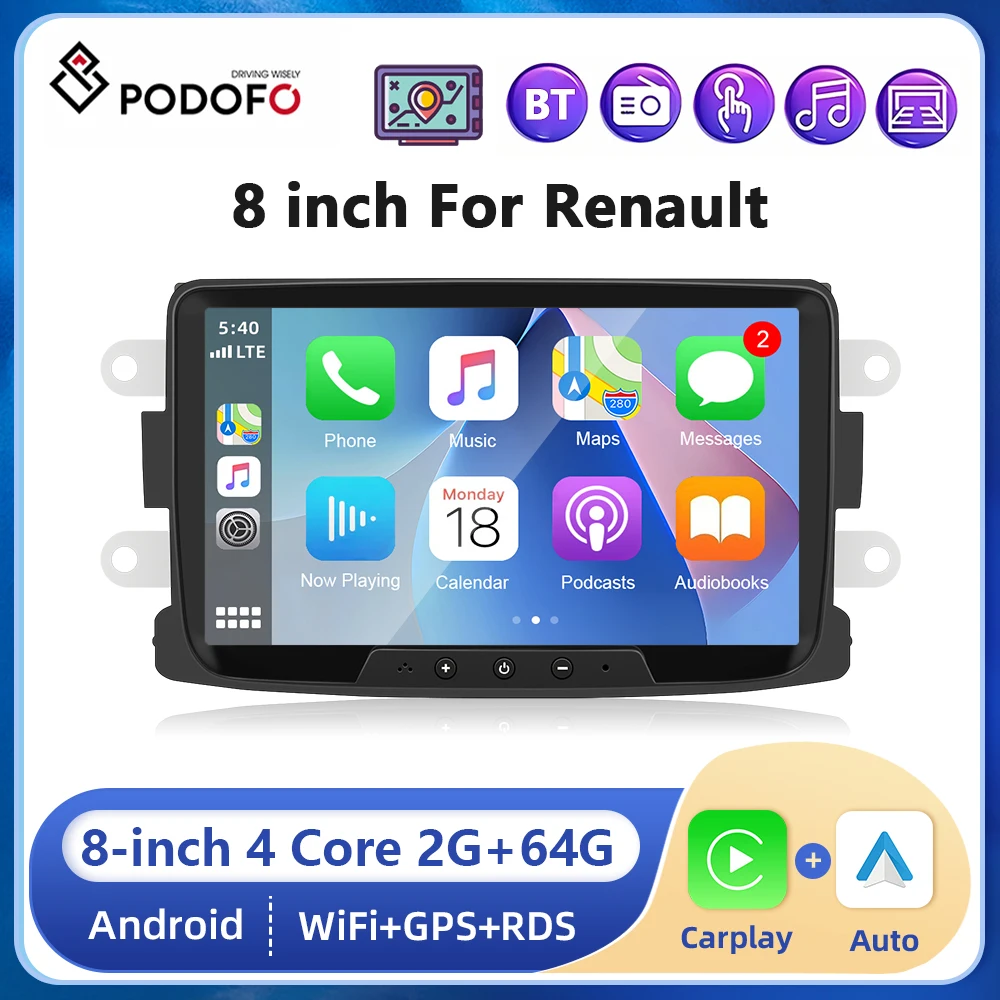 

Podofo Android 8inch Car GPS Radio for Renault Dacia Duster Sandero 2+64G Carplay autoradio Navigation WIFI Car Player FM/RDS