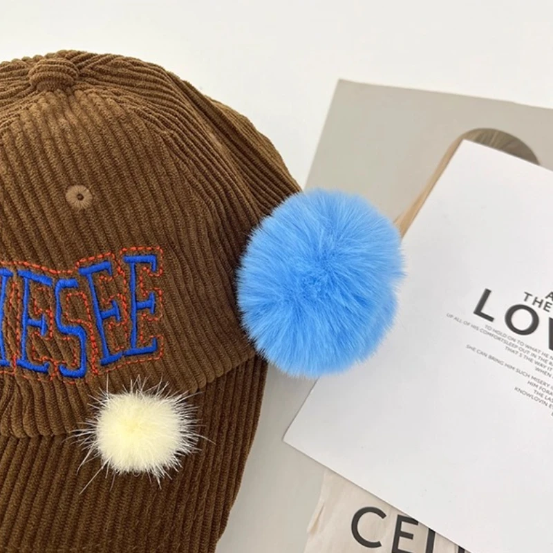 Y2K Cute Pom-pom Design Letter Embroidered Corduroy Baseball Caps Women Spring and Autumn Street Trend Personalized Hip-hop Hat