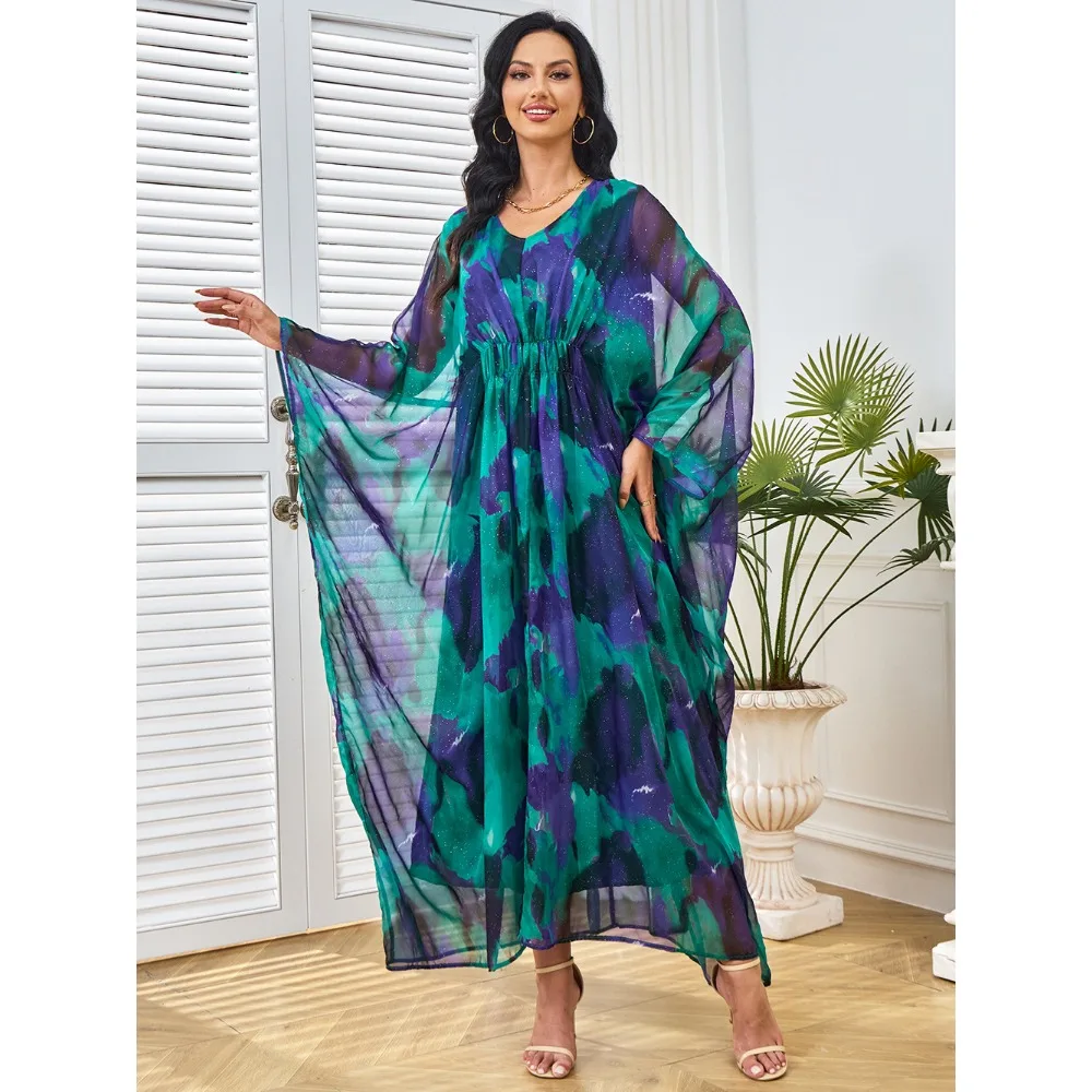 Muçulmano plus size brilhante vestido de noite para mulheres impresso casual robe dubai bat manga formal banquete kaftan cintura alta vestido de escritório