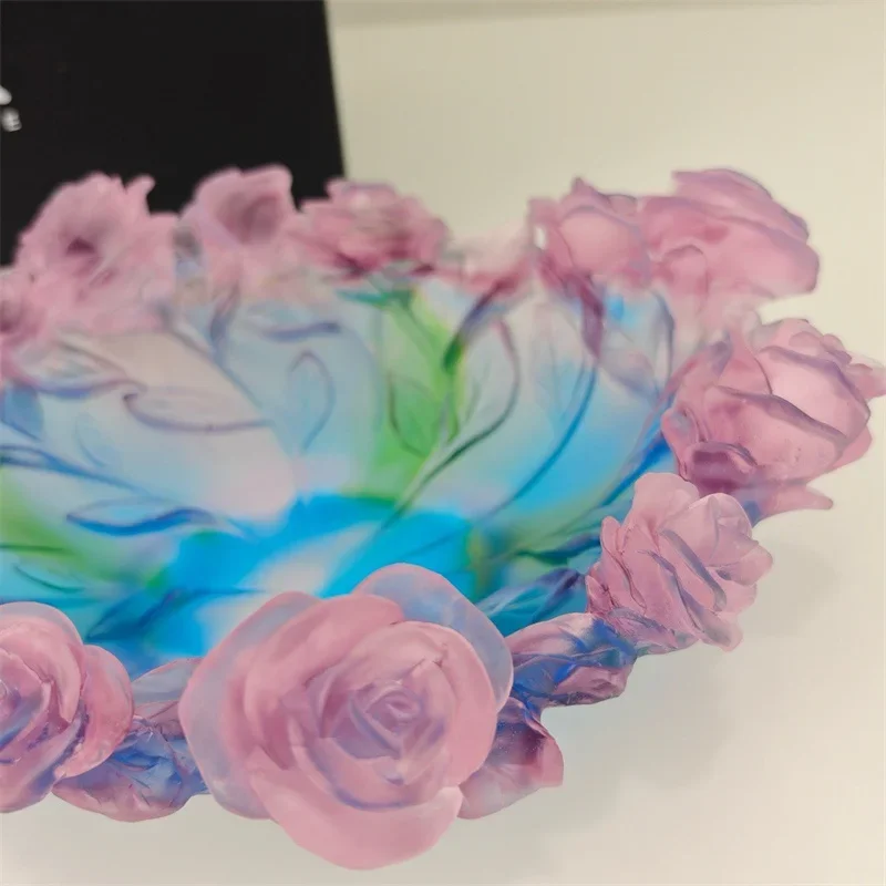 Deluxe colored glass fruit plate, rose bowl creative crystal tray, living room bar snack tableware set