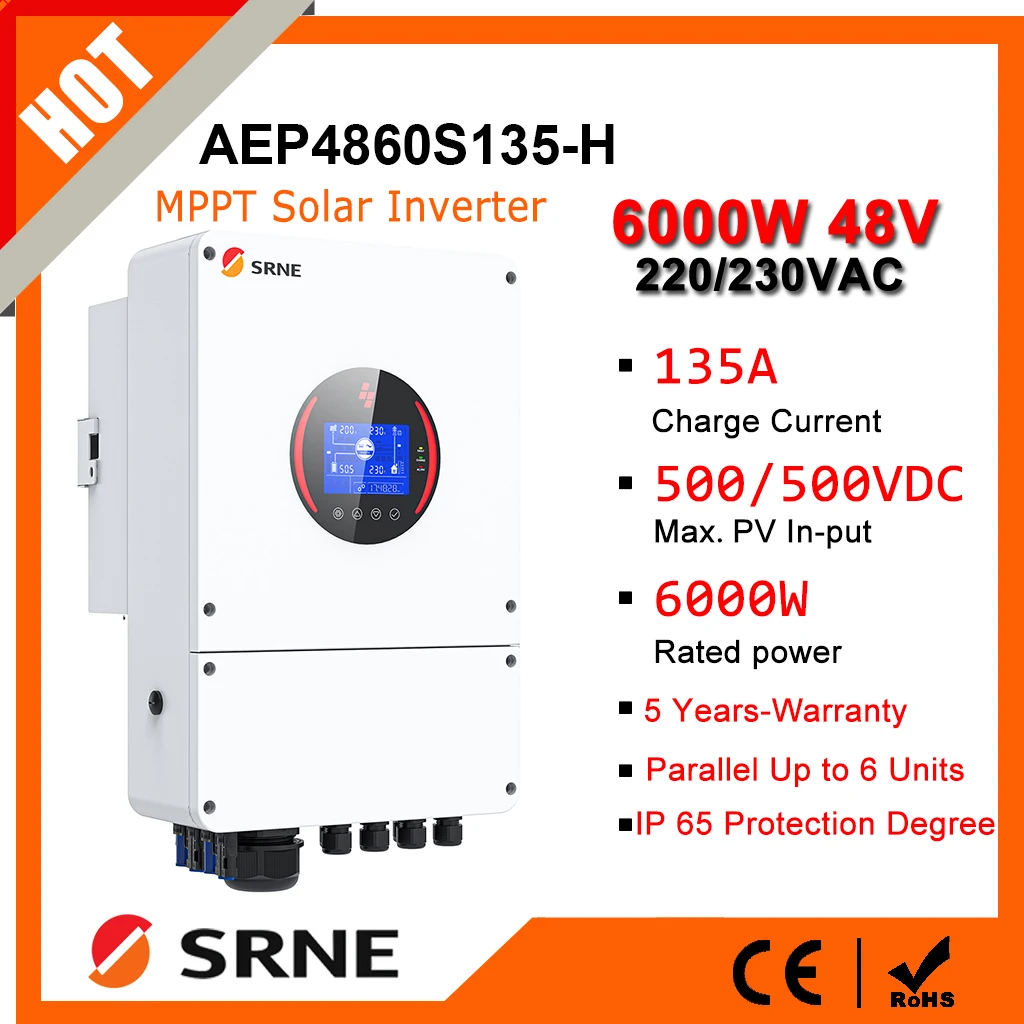 SRNE 6KW 220VAC Off-Grid IP65 Hybrid Solar Inverter 48VDC Single Phase with 2 MPPT 500VOC Max Input 5 Years Warranty