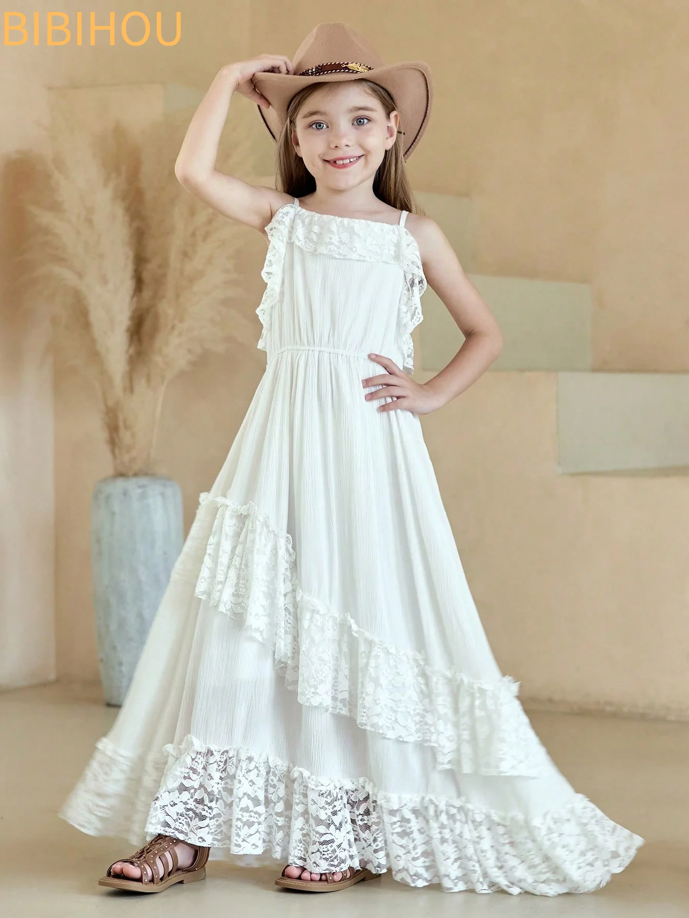 

Girls White Lace Maxi Dress Summer Bohemian Dresses for Kids Wedding Flower Girl Party Beach Vacation Casual Sundress BIBIHOU