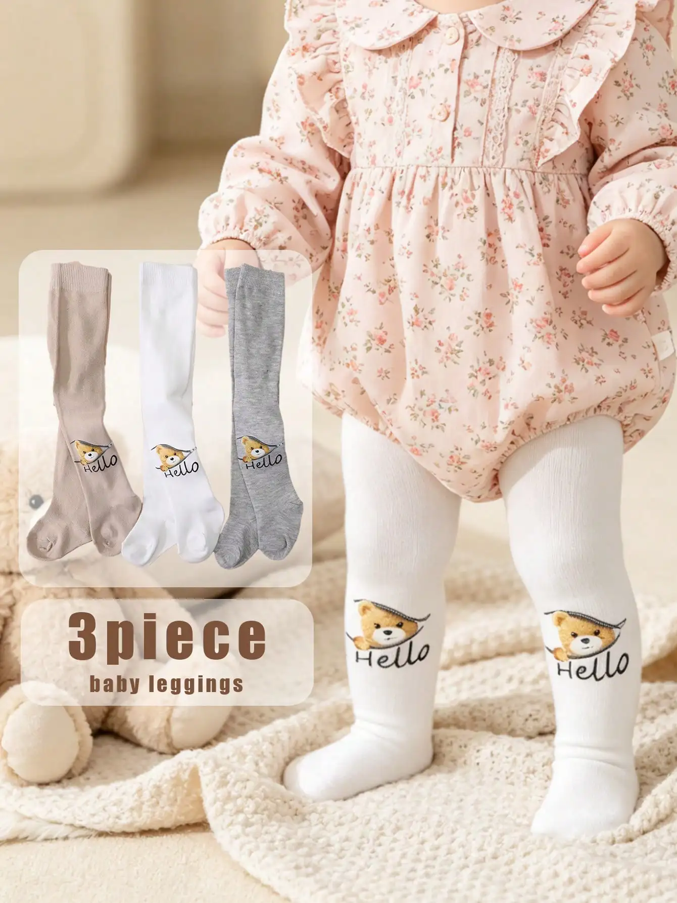 3Pcs Infant Baby Girl Tights Autumn Cute Cartoon Bear Print Soft Elastic Knit Pantyhose Daily‑Wear Leggings for Little Kids 0‑3Y