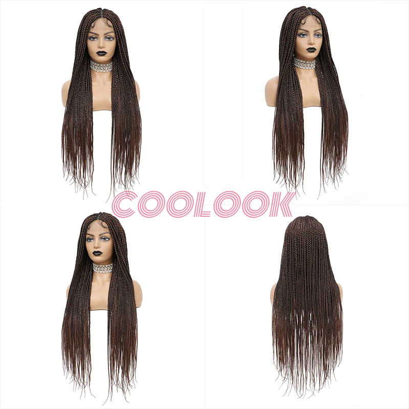 Synthetic Long Full Lace Box Braid Wig with Baby Hairs 36'' Knotless Box Braid Lace Front Wig Ombre Brown Braided Wigs for Women