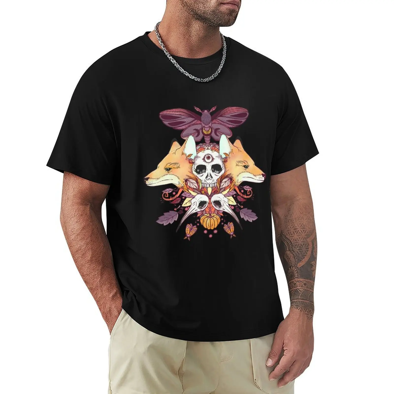 

Foxes Hummingbird Skulls Autumn Artwork T-Shirt croswit shirt man baggy shirts oversized t shirt blue archive men clothings