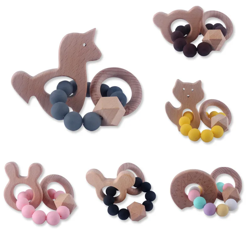 ABCPICK Ins Animal Shape Wooden Baby Teething Toy Wood Ring Baby Silicone Nursing Bracelet Montessori Educational Teether Toy