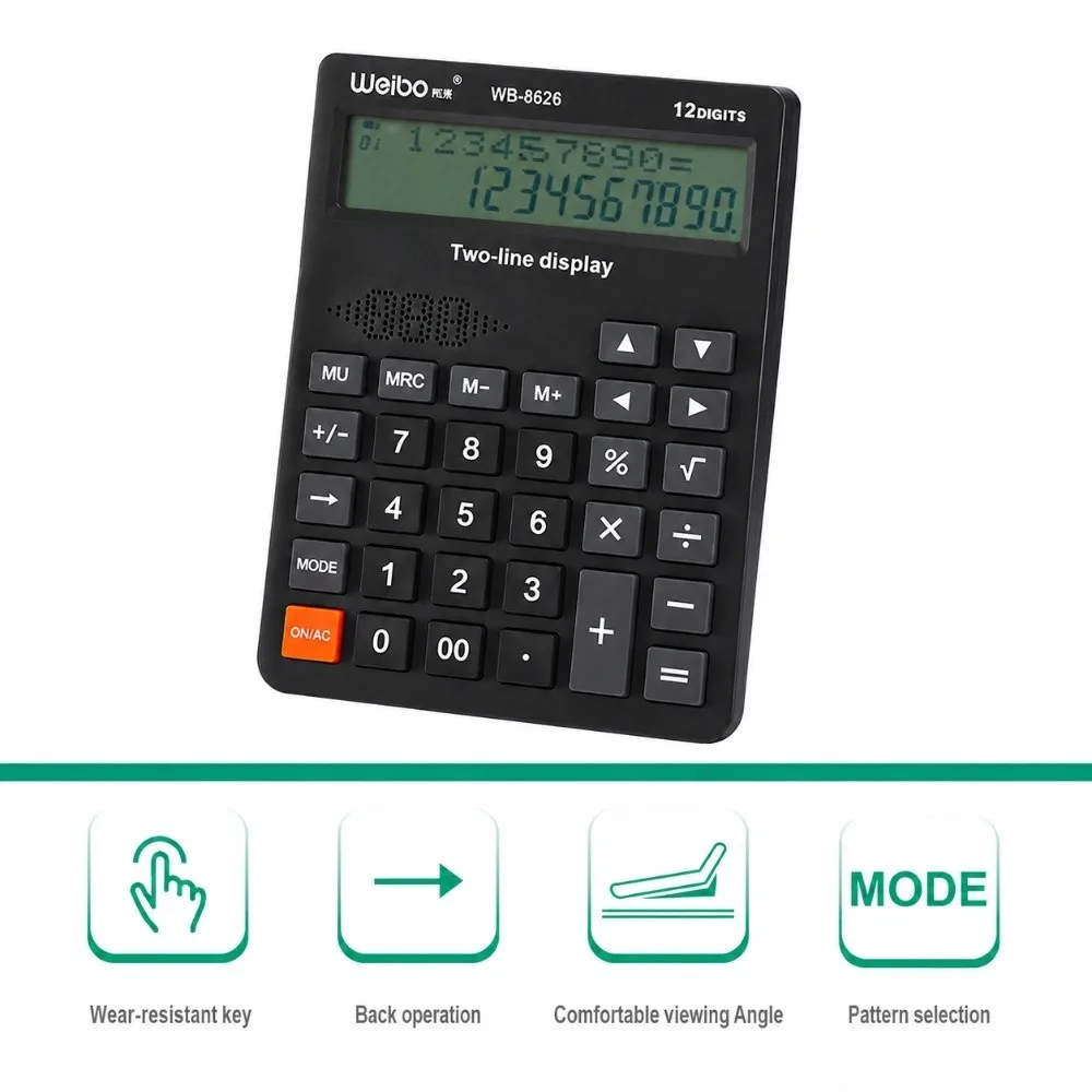 Simple ABS Desktop Calculator 12 Digit 2 Line Display 4 Function Calculator Big Button Battery Operate Basic Calculator Home