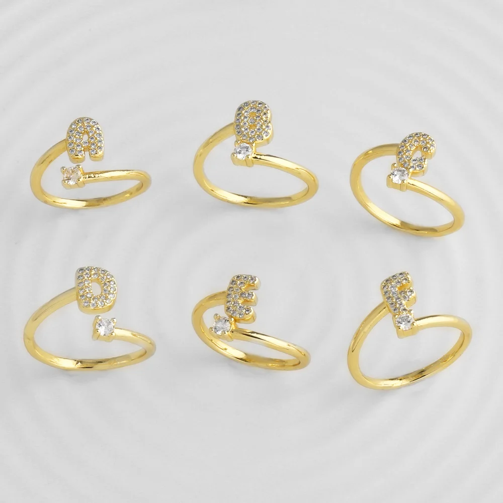 FLOLA Minimalist Crystal 26 Letters Rings for Women Gold Plated Initial Rings Adjustable Hoops Alphabet Jewelry Gifts rigs40