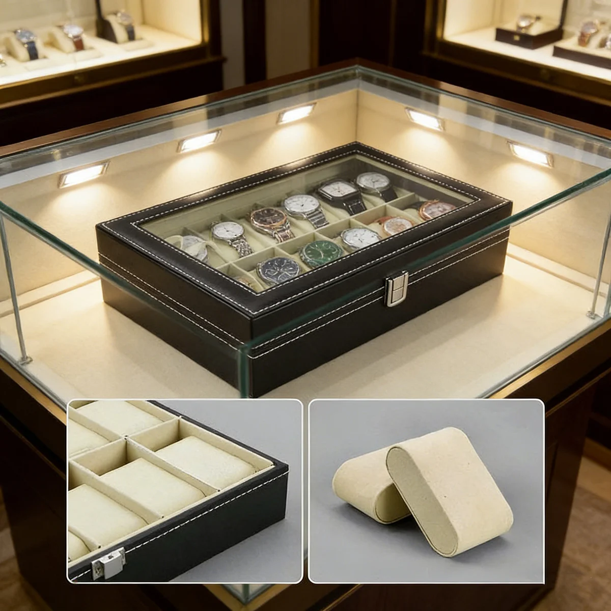 Men's Heavy-Duty PU Leather Watch Box with Display Lid,Large Capacity Watch Collector Case Suitable for Displaying image 2