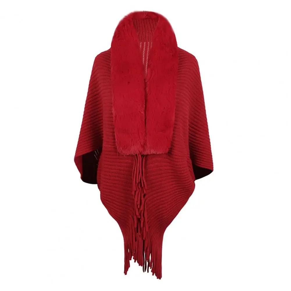 Women Winter Shawl Thick Knitted Plush Tassel Open Stitch Cardigan Solid Color Neck Faux Fur Ponchos Party Prom Cape