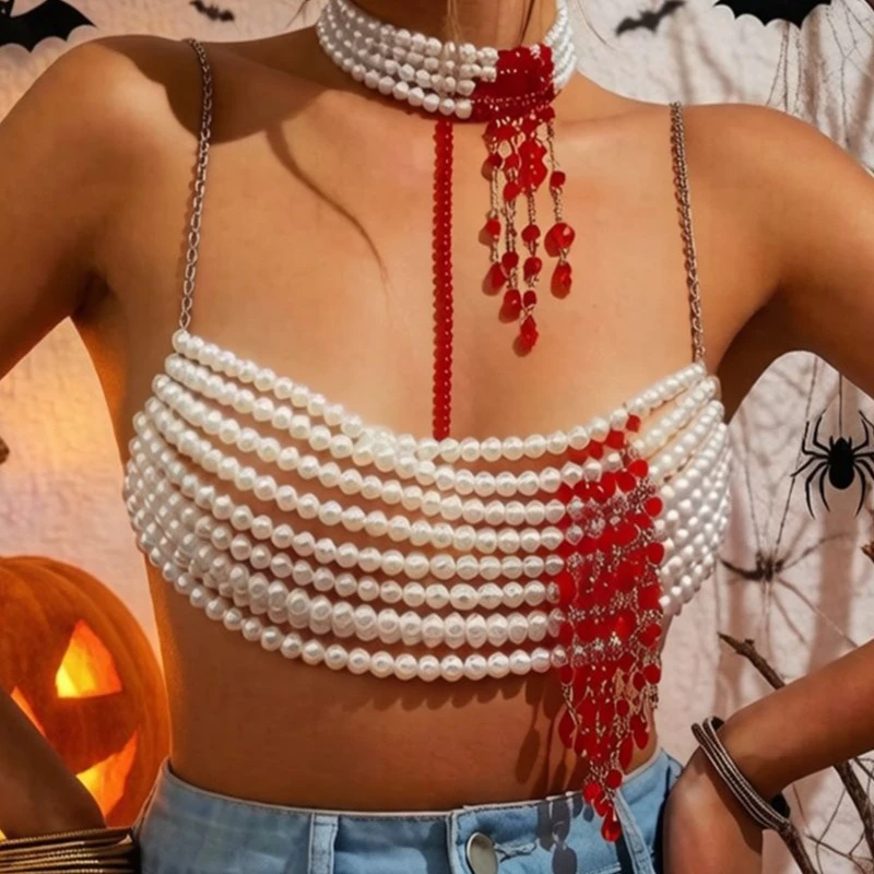 2026 Design White Imitation Pearls Bra Chain for Women Carnival Halloween Party Beaded Tassel Crop Top Night Clubwear Body Chain
