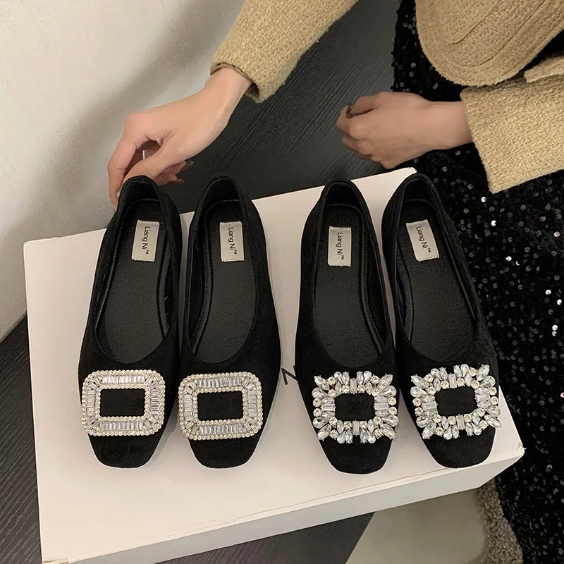 Women Summer Shoes Ladies Female Footwear Square Toe Black Flats Autumn Low Heels Crystal Casual Sneaker 2024 Dress Fall New Rhi