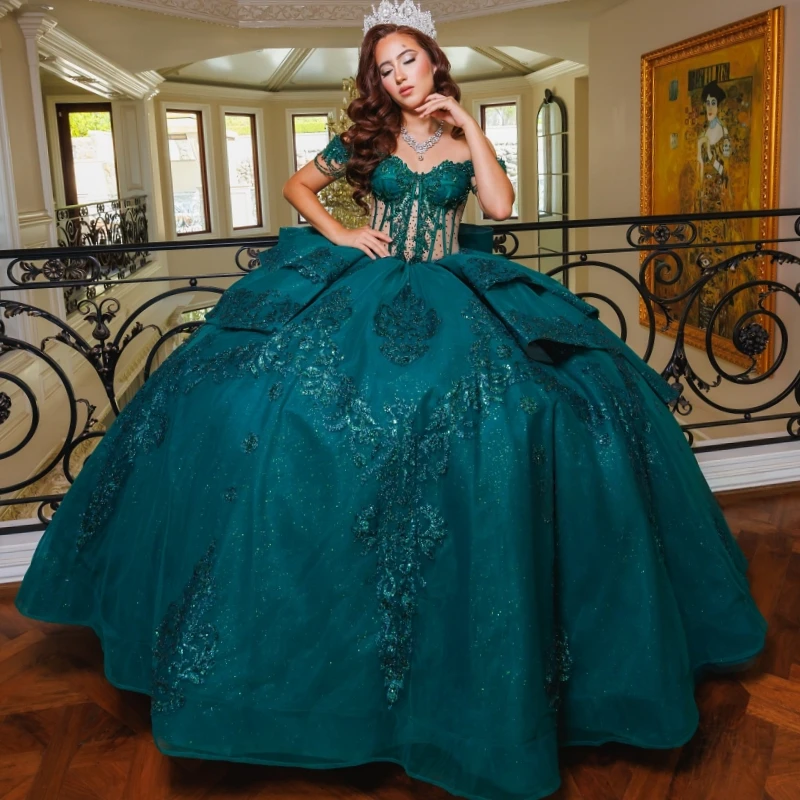 

Blackish Green Shiny Quinceanera Dresses Ball Gown Off The Shoulder Applique Lace Beads Bow Tull Corset Party Birthday Sweet 16