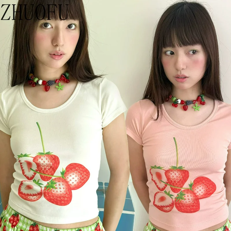 Original Japanese Design Fruit Print Women's Clothing 2026 New Sweet Y2k Cute Age-reducing Large Neckline Slim T-shirt Ladies