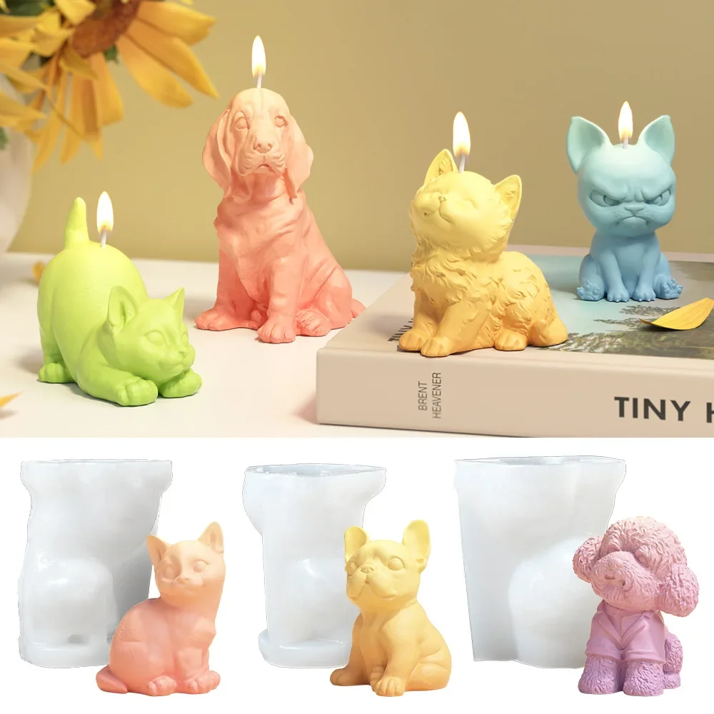 DIY 3D Animal Sitting Cat Scented Candle Silicone Mold & Bulldog Shape Plaster Ornament Mold for Home Craft Decor DIY Craft Kit