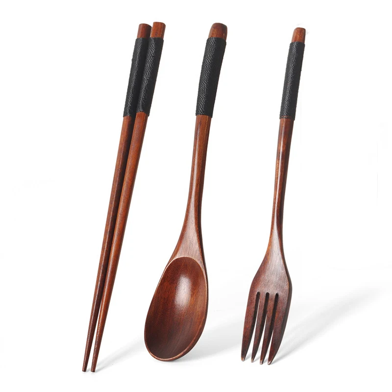

Деревянная ложка, вилка, набор палочек для еды, набор деревянных столовых приборов в японском стиле, портативная посуда для кемпинга и пикника с хлопковым мешочком