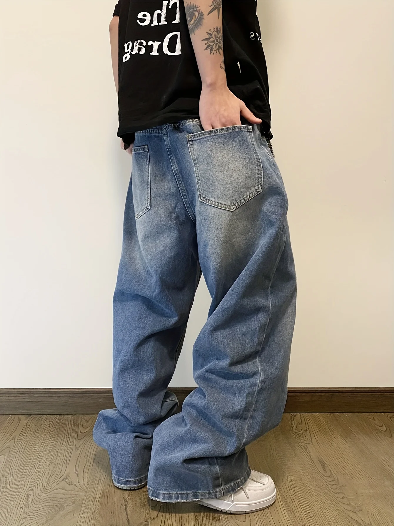 Męskie szerokie jeansy Y2K z szerokimi nogawkami, dżinsowe spodnie w stylu vintage z prostymi nogawkami, codzienne spodnie dżinsowe z kieszeniami, streetwear