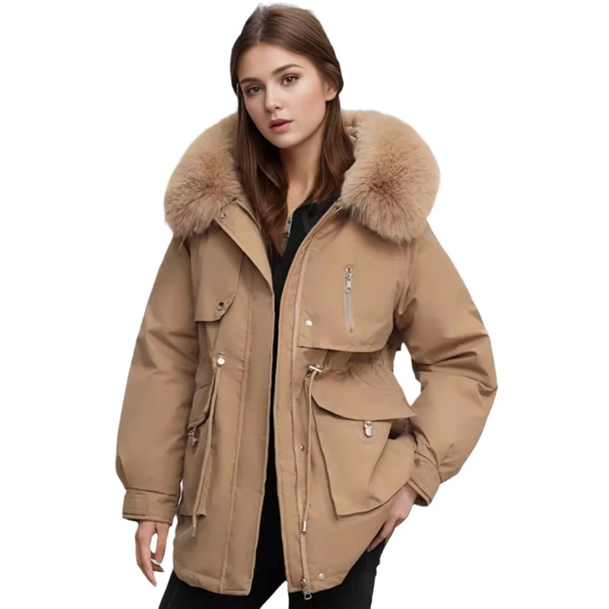 Women\'s Parkas 2024 Winter Women\'s Cotton Jacket Fur Collar Warm Hooded Coats Female Waist Drawstring Slimming Winter Coat