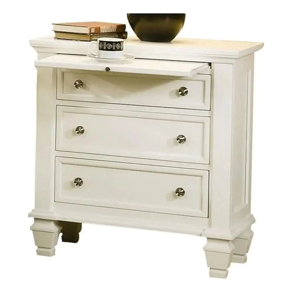 Mesita de noche de madera costera con 3 cajones, acabado blanco plateado, 29.75H x 29W x 16.5D, MDF de madera dura asiática maciza, estilo campestre francés, Fel