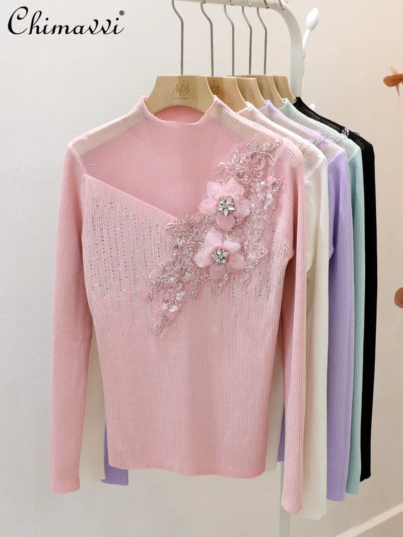 

Модная милая девушка, сексуальная полая вязаная базовая рубашка для женщин, осень 2022, новый вязаный топ с тяжелыми стразами и 3D цветами