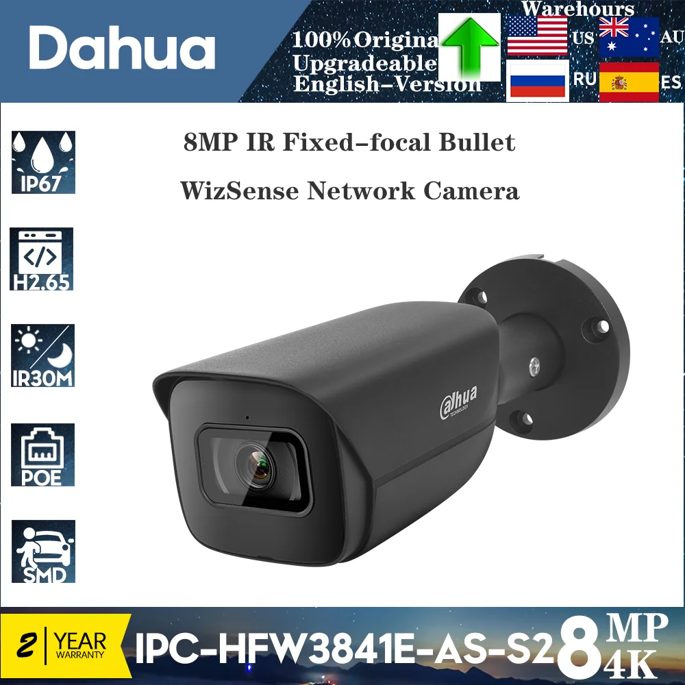 

Original Dahua 4K 8MP POE IP Camera IPC-HFW3841E-AS IR30M Built-in Mic & Audio & Alarm interface SMD Plus WizSense Bullet Camera