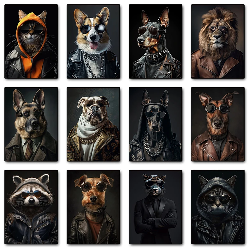 Cool Dog Leather Jacket Sunglasses Fashionable Corgi Cat Portrait Poster Print Wall Art Pictures Canvas Painting Room Home Decor