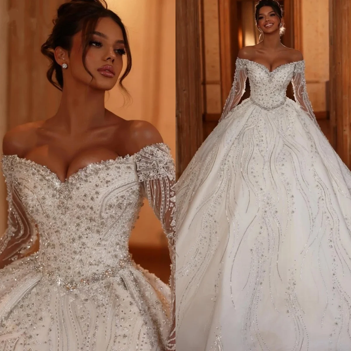 

Romantic Wedding Dresses Off Shoulder Bridal Ball Gowns Rhinestone Beading Long Sleeves Customized Vestidos De Novia