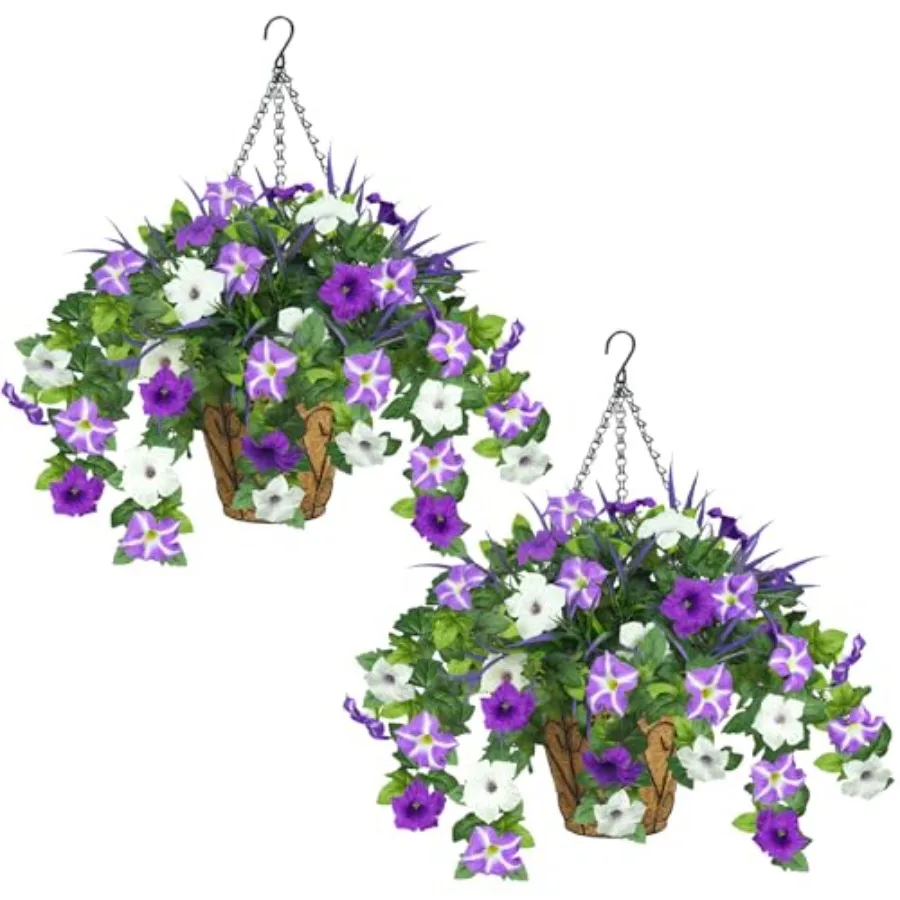 

2 Pack Artificial Flowers Hanging Baskets for Outdoors 10 PCS UV Resistant Faux Outdoor Plants Fake Petunias Silk Flowers for G