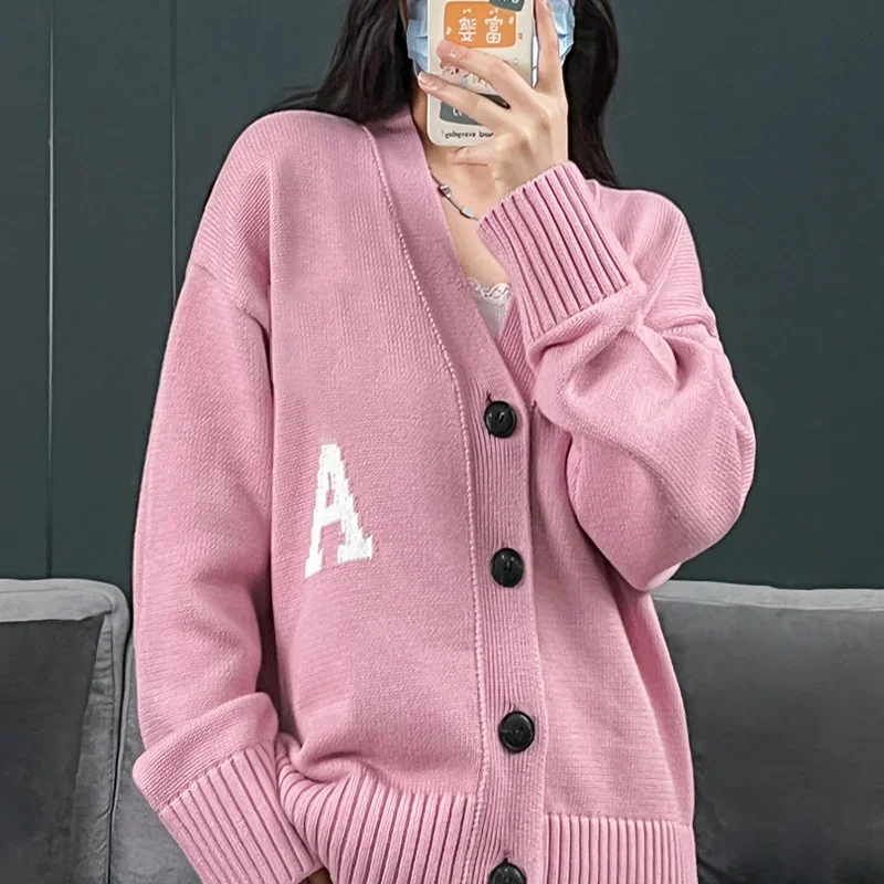 

Couples Wear Knitting Cardigans Letter 2023 V-neck Sweaters Women Solid Color Casual Wool Knitted Tops Men Clothing Cotton Loose