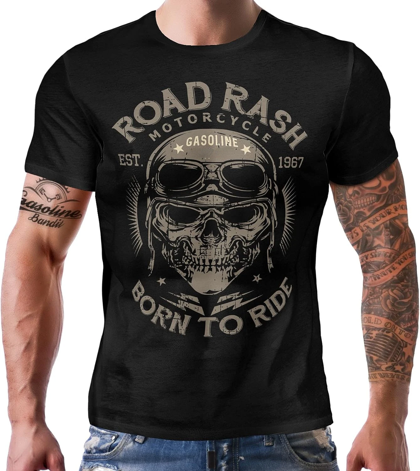 Vintage Racer Motorcycle Rider Skull Road Rash Born To Ride T-Shirt 100% Cotton O-Neck Short Sleeve Summer Casual Mens T-shirt