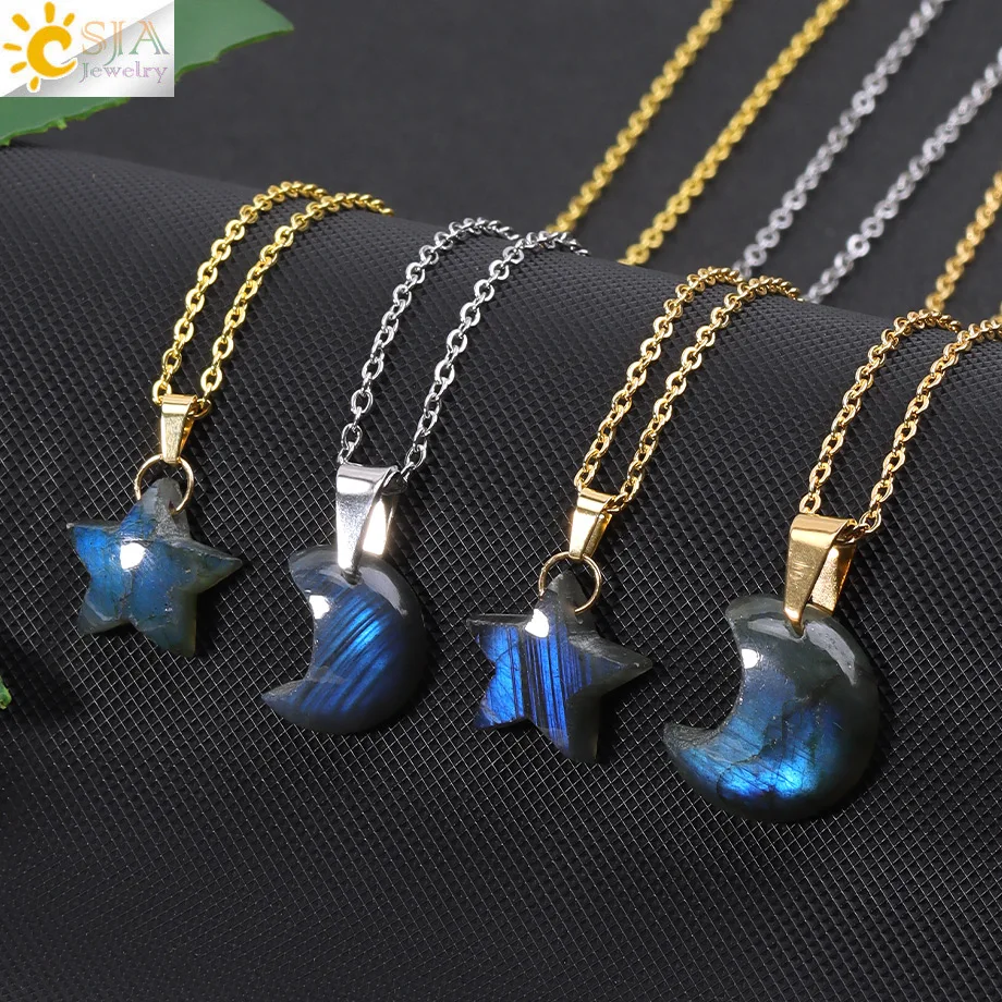 CSJA Damen Labradorit Halskette Naturstein Kristall Stern Mond Anhänger Edelstahl Kette Schmuck Geschenk H717